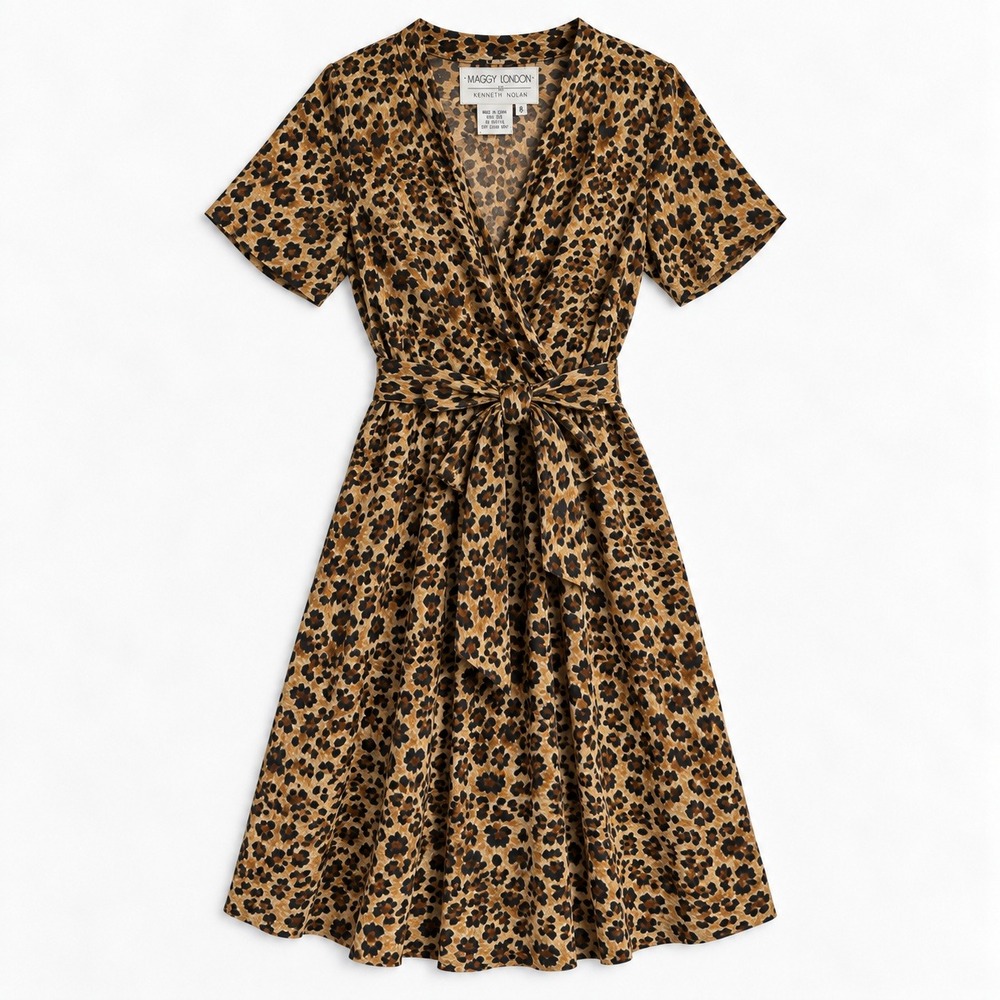 Maggy London Kenneth Nolan Vtg 100% Silk Leopard Print Wrap Dress Brown 8 Cat